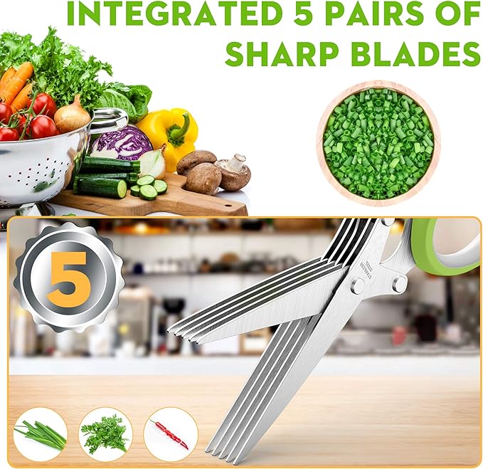 Herb Scissors with 5 Blades and Cover, Kitchen Herb Cutter with Cleaning Comb, Stainless Steel Multi Blade Herb Shears for Basil Parsley Cilantro, Easy Clean Cooking Tool, Unique Kitchen Gadgets Gift