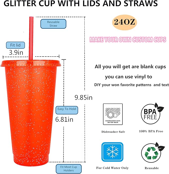 Suertestarry Tumbler with Straw and Lid,Water Bottle Iced Coffee Travel Mug Cup,Reusable Plastic Cups,Perfect for Parties,Birthdays… (10 Pack Glitter, 10 pack)