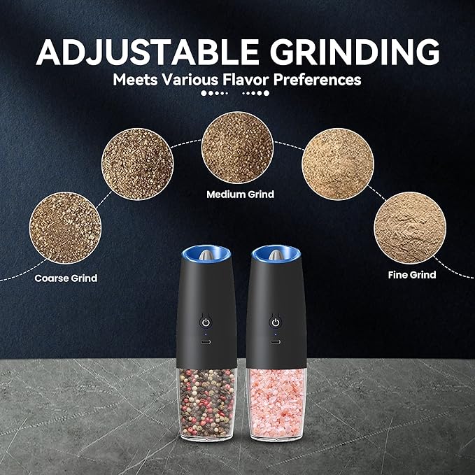 UNNEES Rechargeable Electric Salt and Pepper Grinder set of 2, gravity electric salt and pepper grinder set, Adjustable Roughness, LED Light, 2 Pack, (Black)