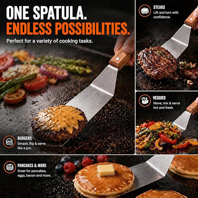 Medium Grill Spatula – Metal Spatula with Wooden Handle & Beveled Edges, Heavy Duty Flat Top Turner for Skillets, Griddles & Grills, Smash Burger Flipper, Stainless Steel Cooking Tool (Style 05)