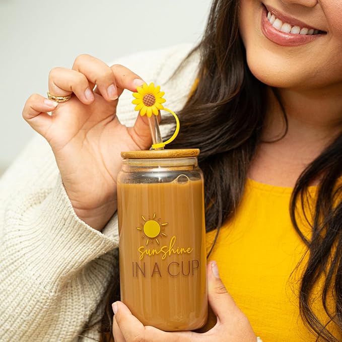 The Love Crate Co. Sunflower Gifts for Women - Glass Tumbler with Lid and Straw, Customized Straw Stopper and Cup Sleeve. Aesthetic Unique Design Iced Coffee Gift Cup for Mom, Teacher, Friend