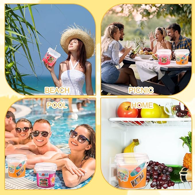 PerKoop 20 Pcs 32 oz Ice Cream Buckets with Lids and Handles Clear Cocktail Rum Buckets with Stickers Plastic Transparent Tub Reusable Food Storage Containers for Parties(Sea)