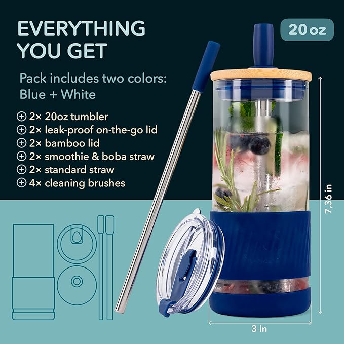 Pandaloo® Glass Cups With Lids and Straws -20 Fl Oz- Perfect Size Iced Coffee Cup - Smoothie Cup With Bamboo Lid and On the go Lid - Glass Tumbler (2 Count (Pack of 1), Galactic Blue-Coton White)