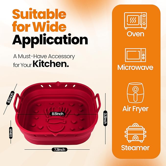 Platinum Silicone Air Fryer Liners Reusable Square-Extra Strong-Easy to Clean Air Fryer basket for Oven Microwave Accessories - BPA Free - Food Safe Pot for 5.8QT to 8 QT - 9 Inch