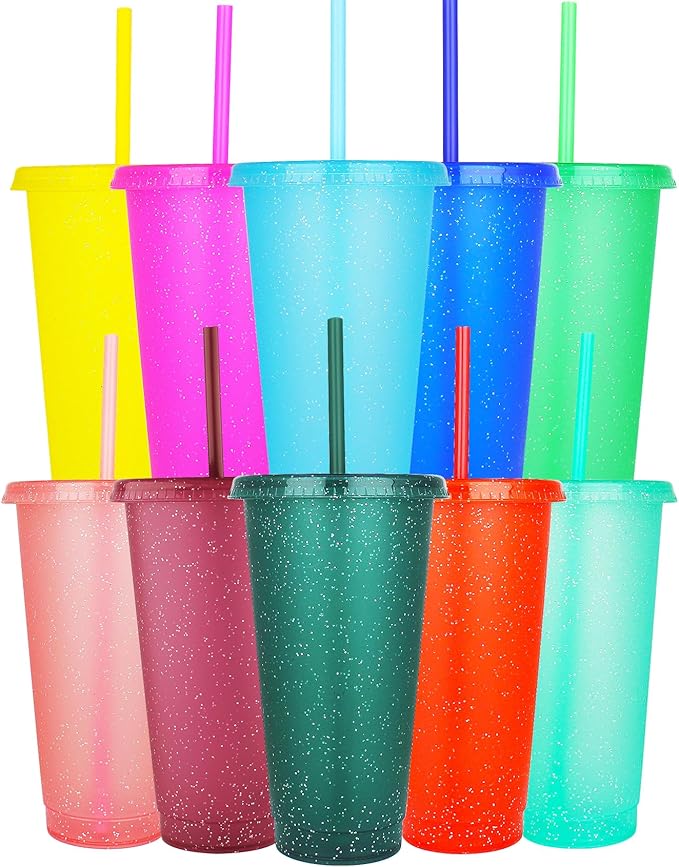 Suertestarry Tumbler with Straw and Lid,Water Bottle Iced Coffee Travel Mug Cup,Reusable Plastic Cups,Perfect for Parties,Birthdays… (10 Pack Glitter, 10 pack)