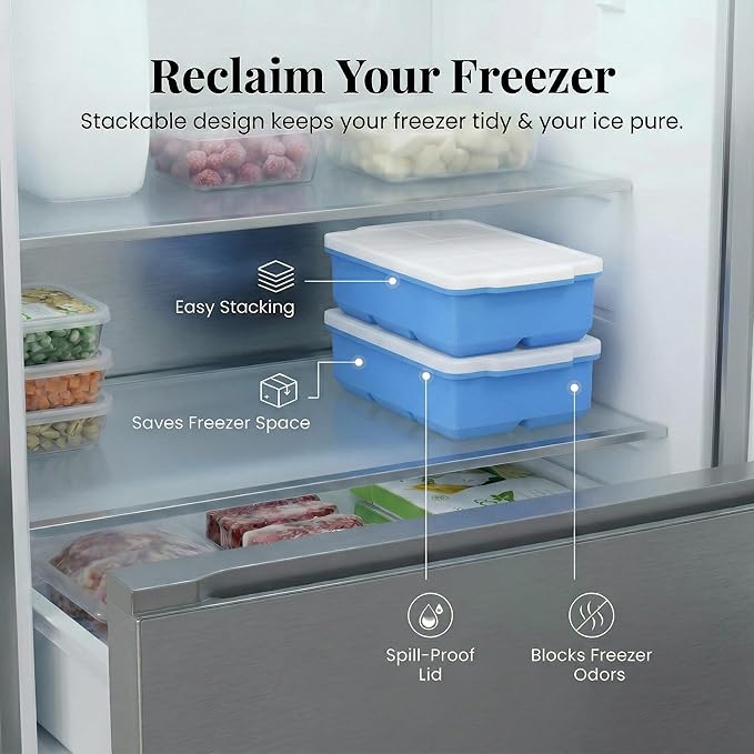 KitchFort Large Silicone Ice Cube Tray (3-Pack), Easy Release 2" Big Ice Cubes - Cocktail, Whiskey Ice Cubes Mold - Ice Trays for Freezer with Lid - Stackable Silicone Ice Tray - Blue