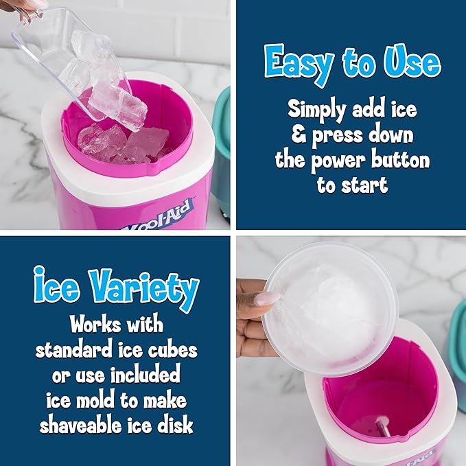 Kool-Aid Shave Ice and Snow Cone Machine, Multi-Use Ice Shaver for Frozen Treats, Slushies, Snow Cones, and More – Reusable Cup and Ice Mold, Stainless Steel Blades – Sharkleberry