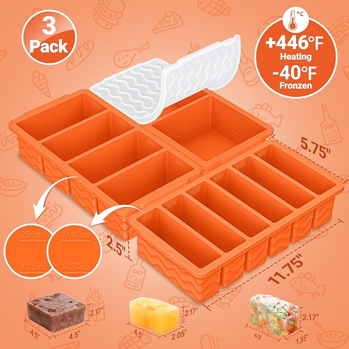 3-Pack Silicone Freezer Trays with Lid,2 Large 2-Cup(500ml)&4 Medium 1-Cup(125ml)&6 Small 1/2-Cup(75ml) Soup Freezer Container Molds,Ice Cube Tray For Meal Prep&Freezing Soup,Stews,Sauces
