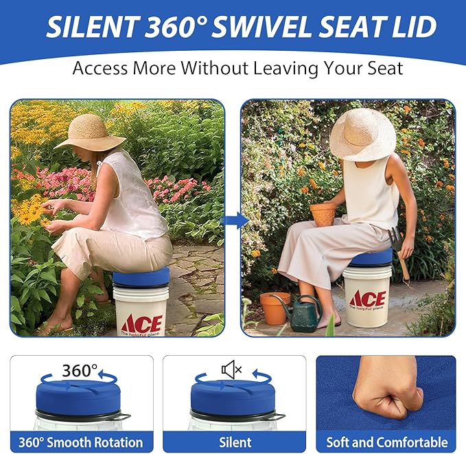 5 Gallon Bucket Seat with 3" Thick Seat Foam Cushion, 360°Swivel Bucket Lid Seat, Waterproof & Silent Bucket Seats for Dove Duck Hunting, Ice Fishing, Baseball, Camping