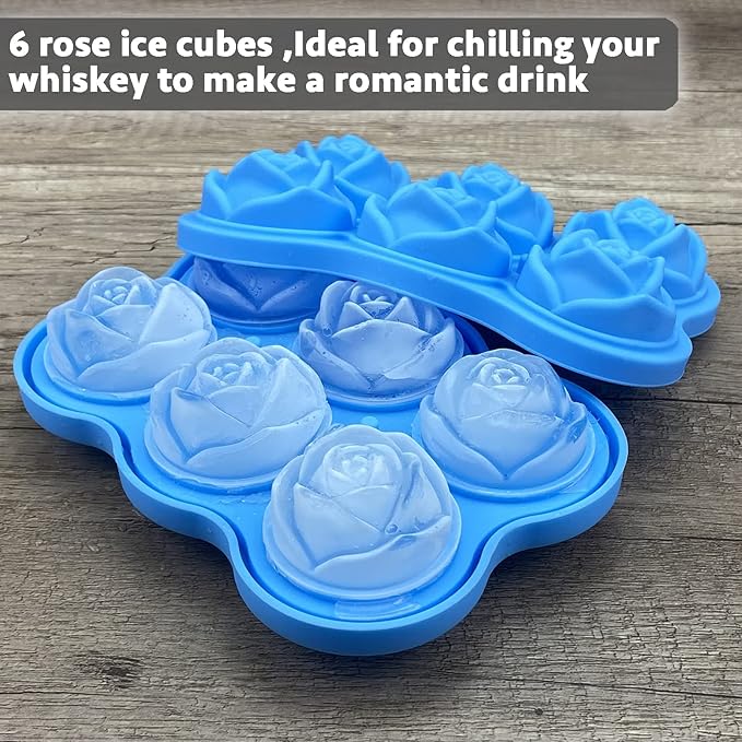 CAMKYDE Rose Ice Cube Tray 2 Inch [1 Mold + 1 Funnel + 6 Stoppers], 6 Cavity Silicone Rose Ice Cube Mold for Whiskey, Chilling Cocktails, Bourbon, Juice (Blue)