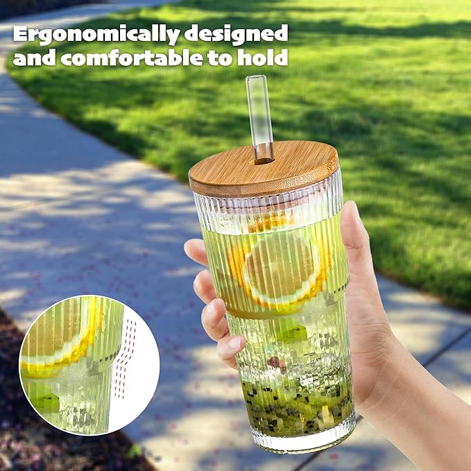 Dingerjar 20 oz Ribbed Glass Tumblers with Bamboo Lids and Straws, 2 Pcs Wide Mouth Thickened Vintage Glass Cup for Boba, Iced Coffee, Juice