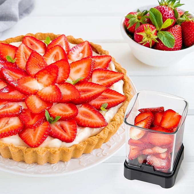 Fruit Slicer Cup for Strawberry, Banana, Hard-Boiled Egg - Detachable Cutter with Push Plate - Rapid & Safe Slicing Kitchen Gadget for Quick Meal Prep (Black)
