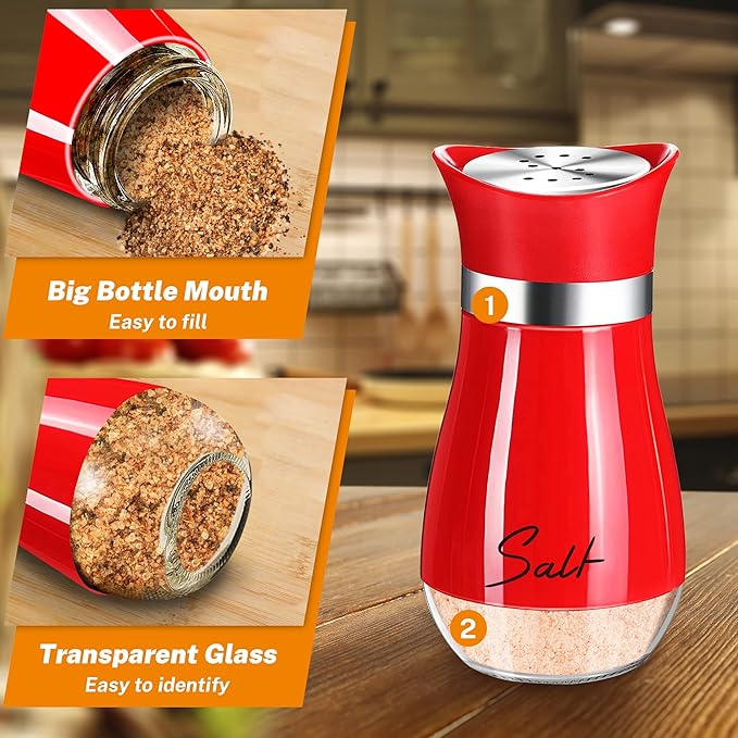 Red Salt and Pepper Shakers Set with Holder,4 oz Cute Christmas ktichen Decor and Accessories Theme Set Home Essentials Housewarming Gifts Refillable Design (Red)