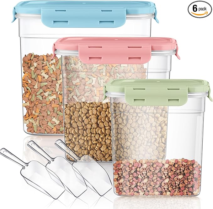 Patelai 6 Pcs Dog and Cat Food Storage Containers with Scoops Set Plastic Pet Food Storage Containers Stackable Airtight Dry for Kitchen 1.27, 2.4, 4 Qt (Pink,Blue,Green)