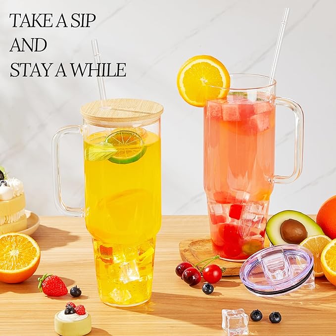 40 oz Glass Cups with Lids and Straws 2 Pack Large Glass Tumbler with Handle Borosilicate Ice Coffee Cups, with Bamboo Lid & Plastic Lid, for Boba, Smoothies, Beer, Juice