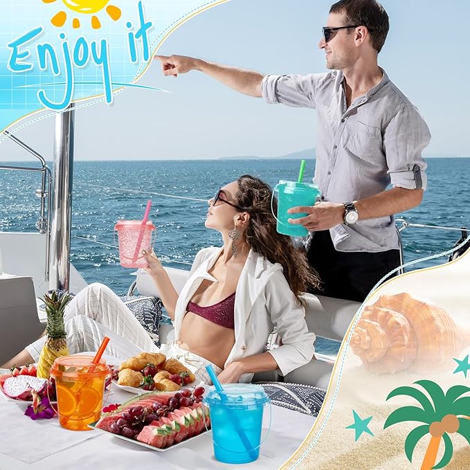 Funnymoom 60 Set 24oz Disposable Plastic Drink Buckets with Lids and Straws Pastel Iced Coffee Cups Rum Buckets for Cocktail Parties Smoothie Cup Bulk with Handles for Beach Pool Party Supplies
