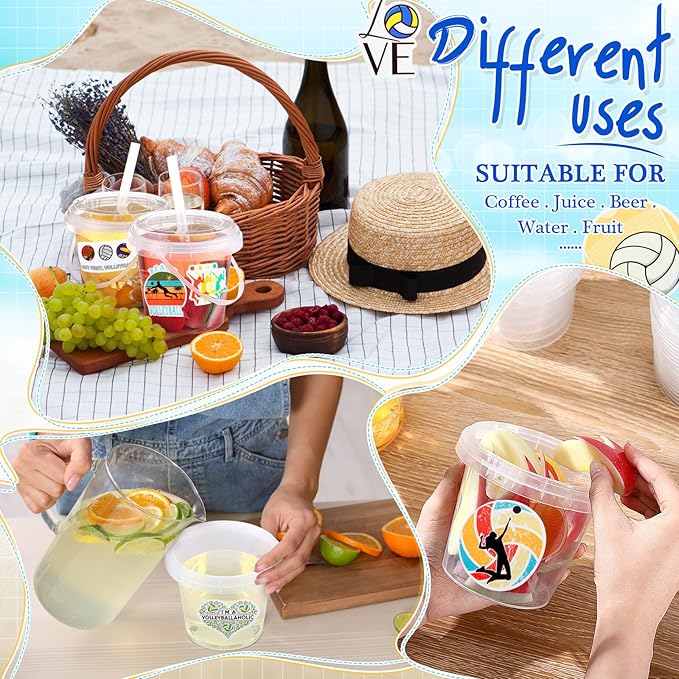 Funnymoom 30 Set Volleyball Clear Plastic Cups with Lids & Straws 24oz Disposable Rum Drink Buckets Bulk for Cocktail Parties with Handles & Stickers for Holiday Birthday Beach Pool Party Supplies