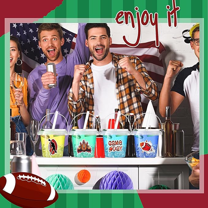 Funnymoom 30 Set Football Clear Plastic Cups with Lids & Straws 24oz Disposable Rum Drink Buckets Bulk for Cocktail Parties with Handles & Stickers for Holiday Birthday Beach Pool Party Supplies