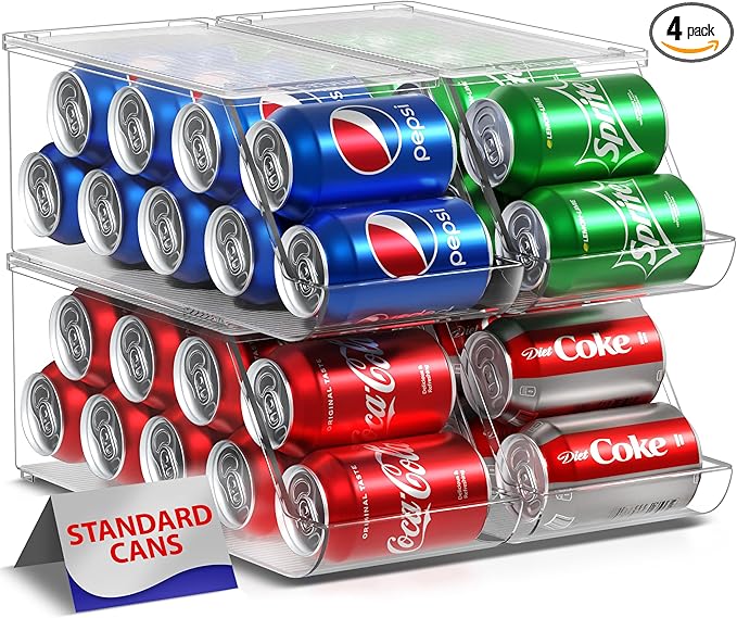 Sorbus Soda Can Organizer for Refrigerator - Stackable Can Holder Dispenser with Lid for Fridge, Pantry, Freezer – Holds 9 Cans Each, BPA-Free, Clear Design, Drink Organizer for Fridge (4-Pack)