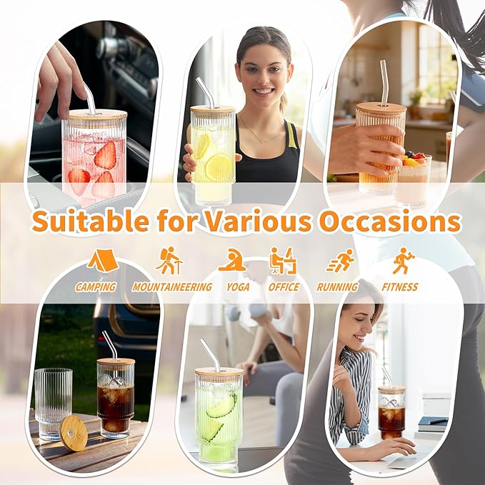 16oz Glass Cups with Lids & Straws, Glass Tumbler with Straw and Lid, Trendy Ribbed Design & Stackable for Iced Coffee/Cold Brew, Perfect for Home/Office by Coffee Lovers & Commuters (16OZ-2PACK)