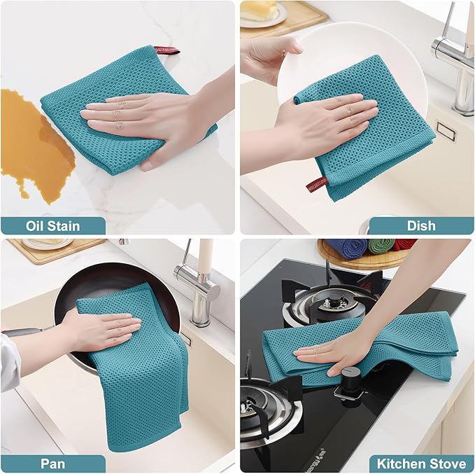 Homaxy 100% Cotton Kitchen Towels and Dishcloths Set, 12 x 12 Inches and 13 x 28 Inches, Set of 12 Bulk Kitchen Towels Set, Ultra Soft Absorbent Dish Cloths for Washing Dishes, Lake Blue