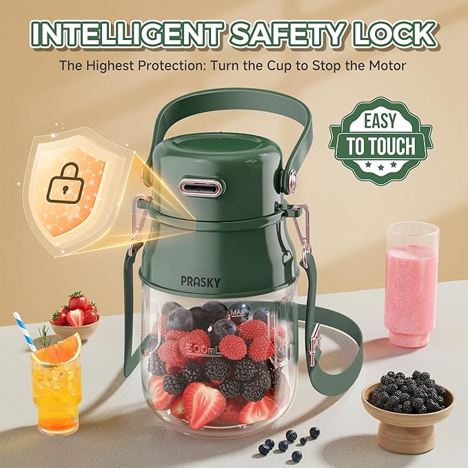 Portable Blender, Prasky Personal Blenders for Shakes and Smoothies with 27oz Cup, Lid and Shoulder Strap, Type-C USB Rechargeable, Personal Size Blenders BPA-free for Travel/Kitchen(Green)