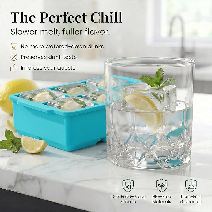 KitchFort Large Silicone Ice Cube Tray (2-Pack), Easy Release 2" Big Ice Cubes - Cocktail, Whiskey Ice Cubes Mold - Ice Trays for Freezer with Lid - Stackable Silicone Ice Tray - Turquoise