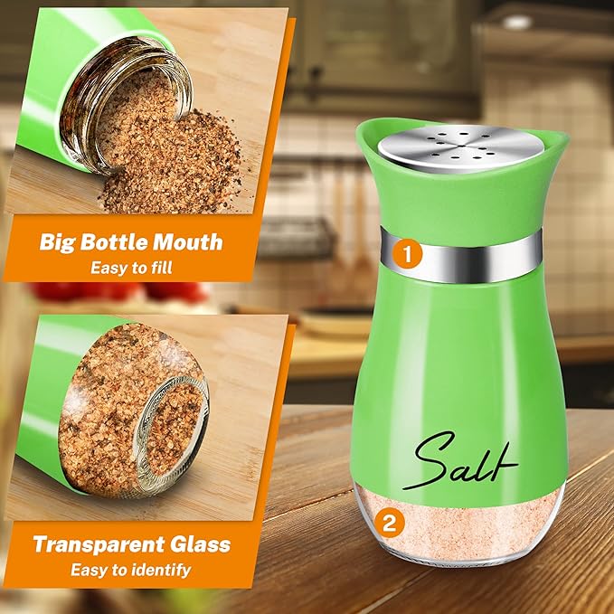 Salt and Pepper Shakers Set,4 oz Glass Bottom Salt Pepper Shaker with Stainless Steel Lid for Kitchen Cooking Table, RV, Camp,BBQ Refillable Design (Green)