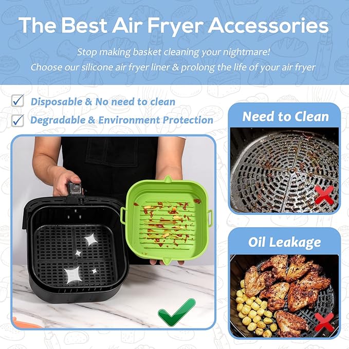 Silicone Air Fryer Liners Square - Reusable Airfryer Collapsible Basket - Easy to Clean Air Fryers Pot for 5.8 to 8 Qt Baking Tray Oven Accessories, 8.5 Inch Large