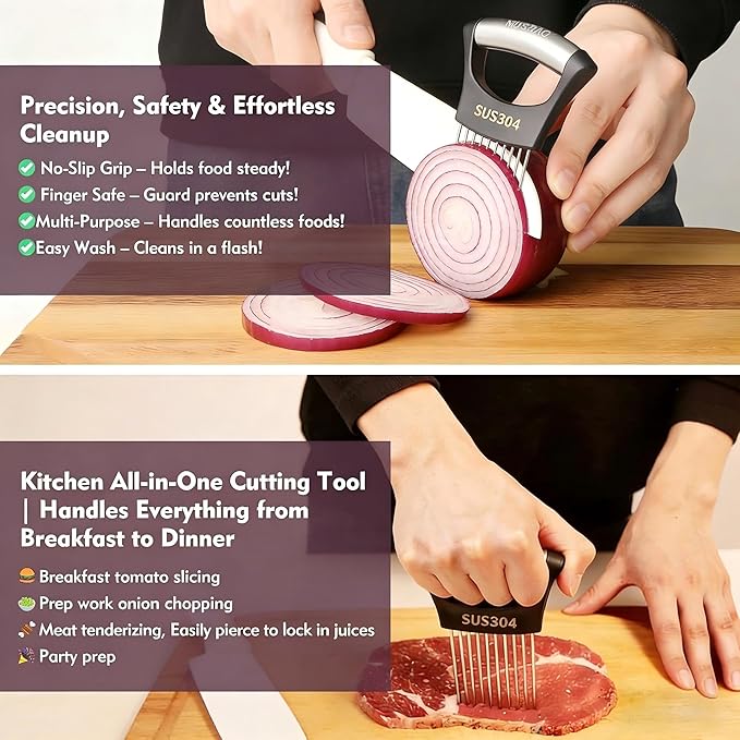 Stainless Steel Onion Holder & Slicer - Multi-Fruit Vegetable Fixing Tool with Sharp Prongs for Tomato, Lemon, Avocado - Safe Kitchen Gadget