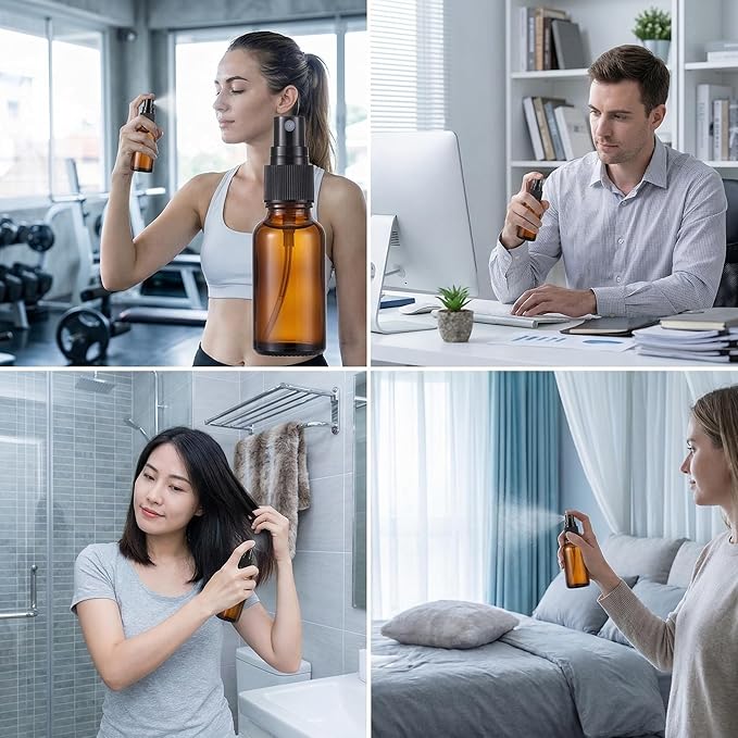6Pcs 15ml 0.5oz Amber Glass Fine Mist Spray Bottles Refillable Travel Cosmetic Containers Perfume Sample Bottles with Black Sprayers for Essential Oils Cleaning Products Aromatherapy