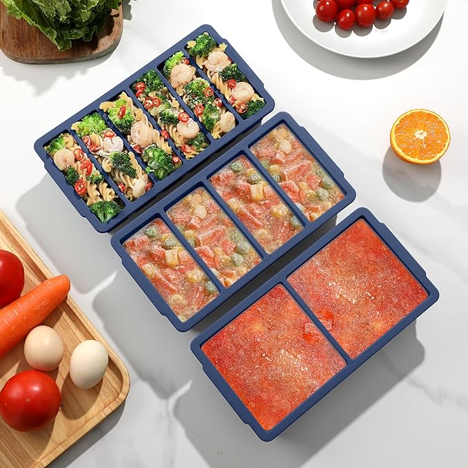 3-Pack Silicone Freezer Trays with Lid,2 Large 2-Cup(500ml)&4 Medium 1-Cup(125ml)&6 Small 1/2-Cup(75ml) Soup Freezer Container Molds,Ice Cube Tray For Meal Prep&Freezing Soup,Stews,Sauces