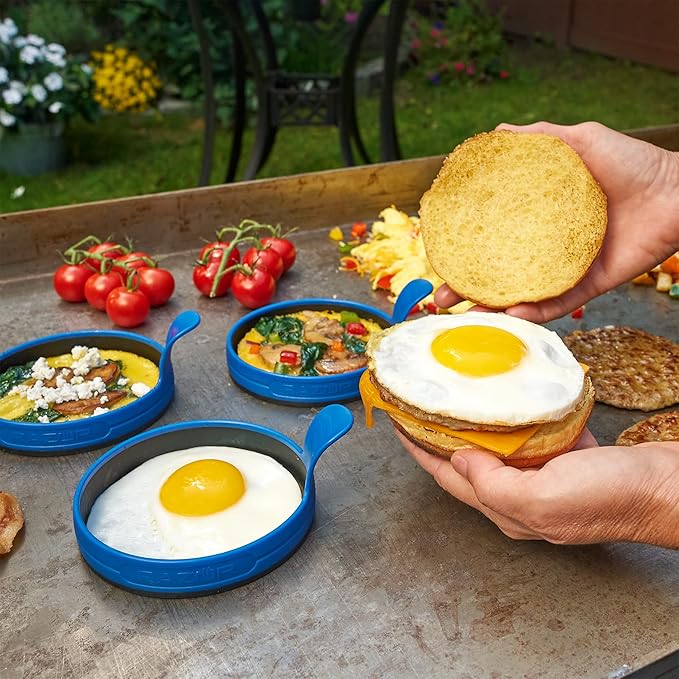 RAZOR 4 Piece Breakfast Kit for Griddle- Pancake Batter Dispenser, 2 Silicone Egg Rings, and Cast Iron Griddle Press