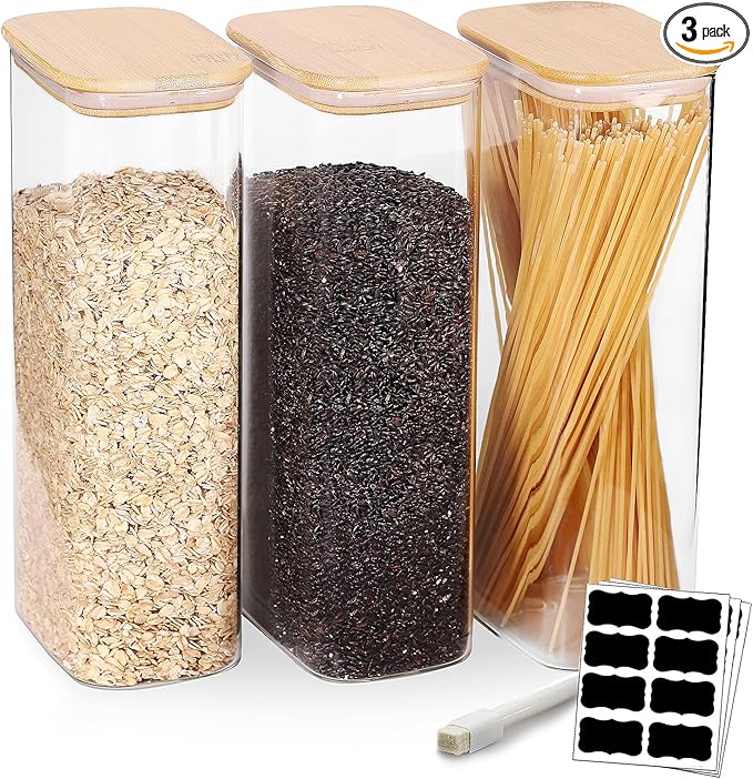 Tzerotone 68oz Glass Storage Containers Set of 3 with Lids, Ideal for Pasta, Pickles, Rice, Chia Pudding, Coffee, Spices, Snacks - Tall Jars, Yogurt & Meal Prep Containers for Kitchen Organization