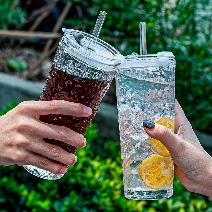 20oz Glass Tumblers with Lids and Straws - Stylish Vintage Ribbed Design for Iced Coffee, Juice, Smoothies, Milkshakes, Cold Beverages & Whiskey Cocktail Beer (Pure Bark - Texture)