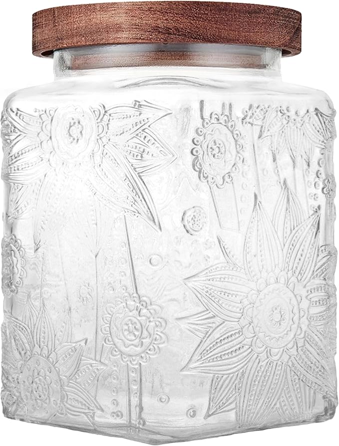 Custde Glass Storage Jars With Airtight Lid, 23.7oz Container For Kitchen Counter with Wood Lid, brown sugar, candy, coffee, cookie, salt, tea, cute Jar (Square Sunflower)