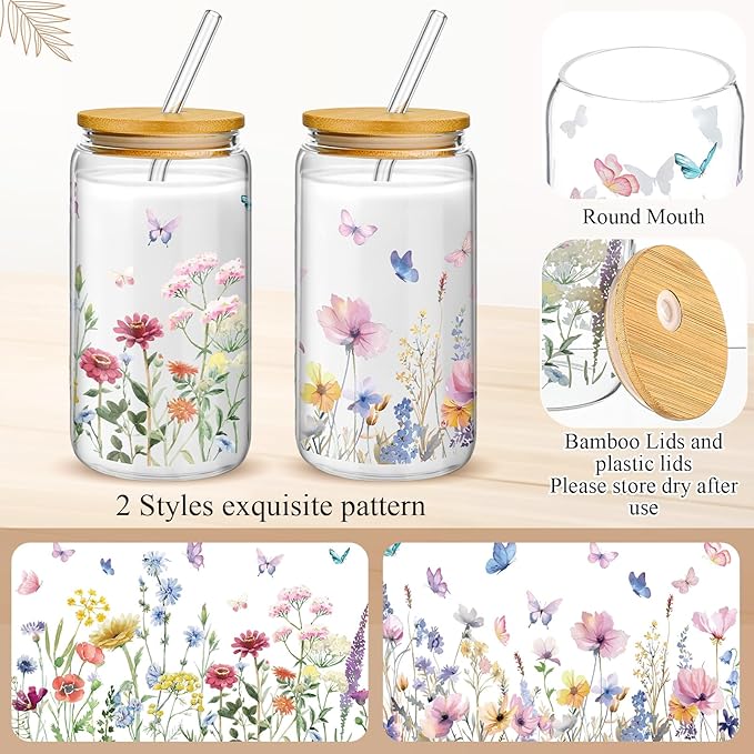 Mumufy 2 Pack Bridesmaid Gift Glass Cups, Cute Flower Mason Jars with Bamboo Lids & Straws, 16oz Iced Coffee Tumblers for Wedding, Bridal Party, Birthday, Mother's Day(Wild Flower2)