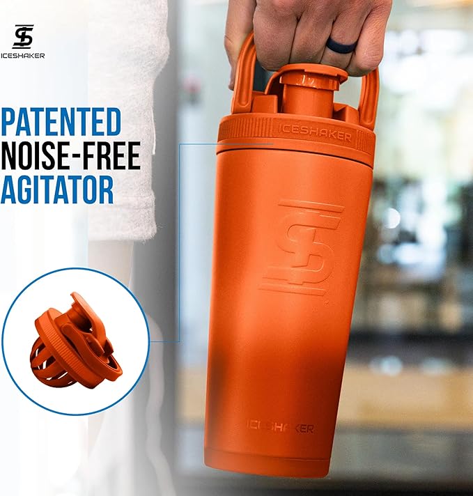 Ice Shaker Insulated Stainless Steel Shaker Bottle | 26oz, Orange Color Rush | Cold for 30+ Hours | Insulated Cup with Twist-on Agitator | Bottle for Protein Shakes, Smoothies, Cocktails