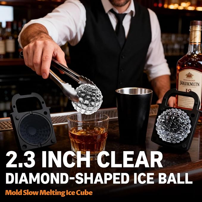 Diamond Sphere Clear Ice Mold – Silicone Reusable Ice Ball Maker for Whiskey, Cocktails & Home Bar –for Men and Women, Bartenders, Party Hosts