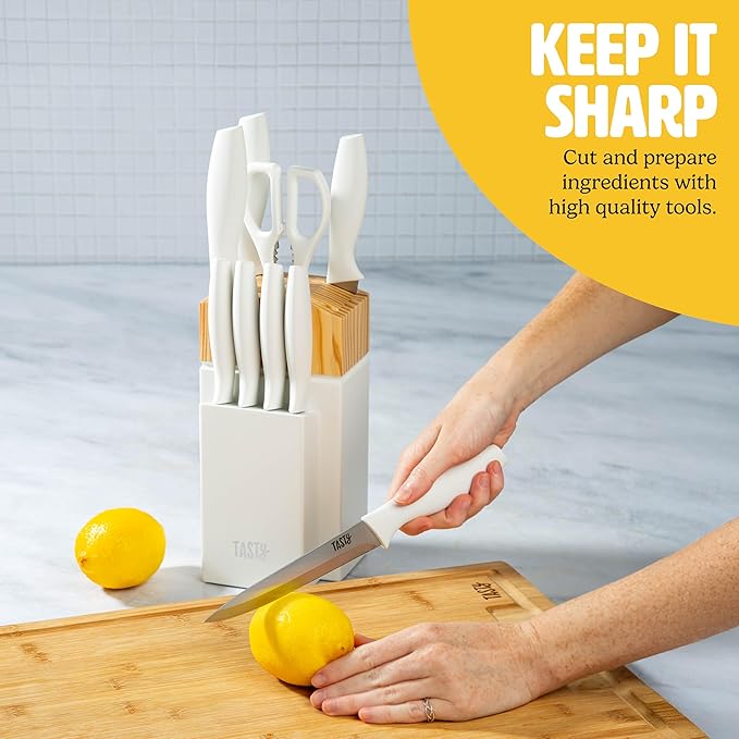Tasty Kitchen Knife Set with Block, Cutlery Set includes Chef, Bread, Utility, Paring, Steak Knives & Shears, 10-Piece, White