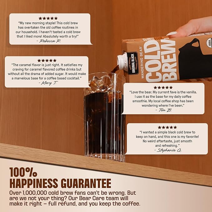 Wandering Bear Organic Cold Brew Coffee Variety Pack - Extra Strong, Bold, Smooth, Unsweetened, Shelf-Stable, Ready to Drink & Vegan, Iced Cold Brewed Coffee Drink - 32 fl oz (3pk - Vanilla, Black, Mocha)