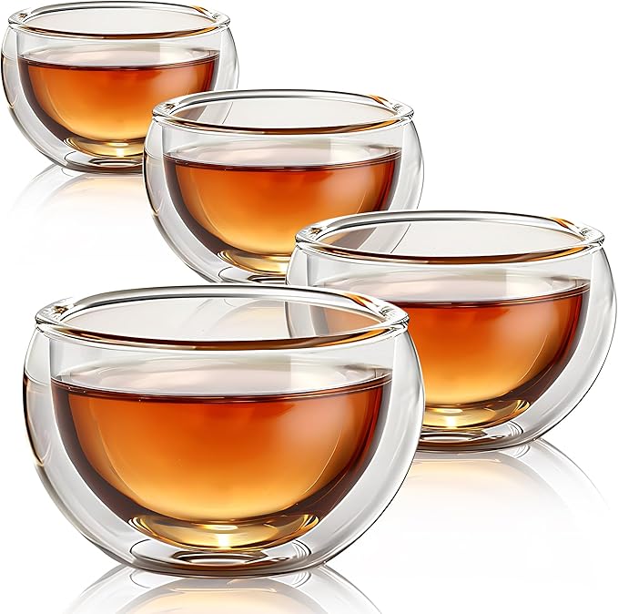 YMMIND 4 Pack Double Walled Glass Teacups Insulated Glasses - (4oz / 120ml) Heatproof Borosilicate Tea Cup, Mini Espresso Cups Gift Box