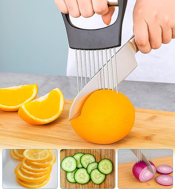 Onion Holder for Slicing – Stainless Steel Onion Slicer with Handle, Safe & Even Cuts, Time-Saving Vegetable Cutting Tool