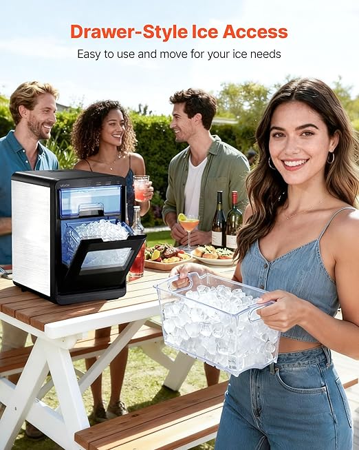 VEVOR Countertop Ice Maker, 44 lbs per Day, Self-Cleaning Portable Machine with Scoop, Drawer-Style Ice Access, Nugget Ice-Making Machine with Chewable ICES for Home, Kitchen, Office, Bar & Party