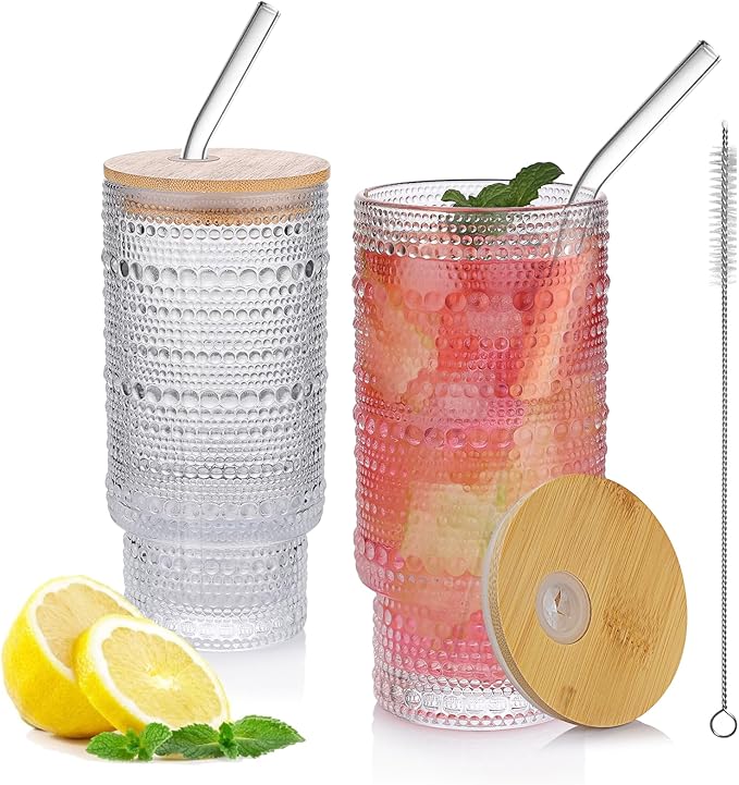 16oz Glass Cups with Lids and Straws, 2 Pack Vintage Drinking Glasses Tumblers Polka Dot Iced Coffee Cups for Kitchen, Home, Office, Gifts