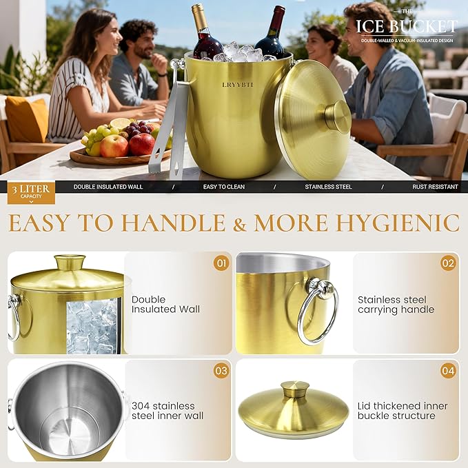 Ice Buckets for Parties with Lid,Tongs and Strainer (3L/Gold) Double Wall Stainless Steel Ice Bucket Keeps Frozen Longer,Ideal Perfect for Parties, Cocktail bar, Chilling Wine, Champagne