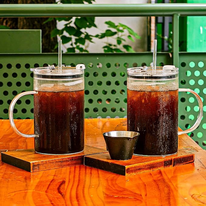 20oz Glass Tumblers with Lids and Straws - Stylish Vintage Ribbed Design for Iced Coffee, Juice, Smoothies, Milkshakes, Cold Beverages & Whiskey Cocktail Beer (Thin Inner Ridge)