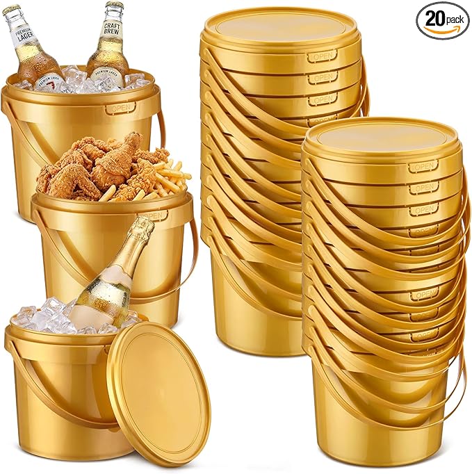 Funnymoom 20 Pack 48 oz Gold Buckets with Lid Plastic Ice Cream Buckets with Lid and Handle Ice Cream Tub Food Storage Containers Round Plastic Pails Freezer and Microwave Safe for Food