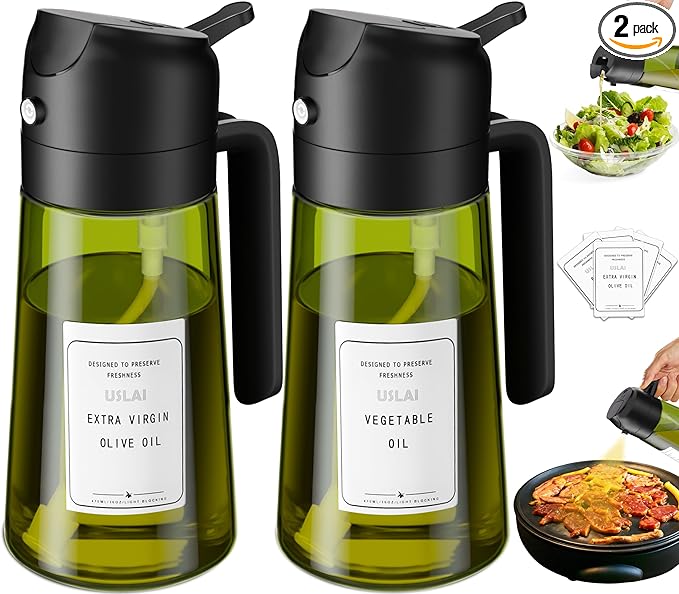 USLAI Oil Sprayer for Cooking, 16oz/470ml 2 in 1 Glass Olive Oil Dispenser Bottle for Kitchen, Air Fryer, BBQ and Salad - Black Black