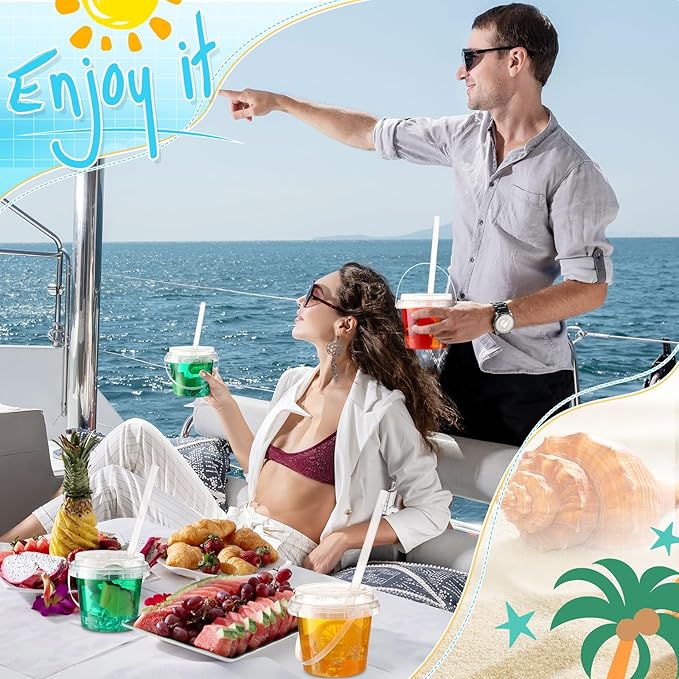 Funnymoom 15 Set 16oz Clear Plastic Drink Buckets with Lids and Straws Disposable Iced Coffee Cups Rum Buckets for Cocktail Parties Smoothie Cup Bulk with Handles for Beach Pool Party Supplies